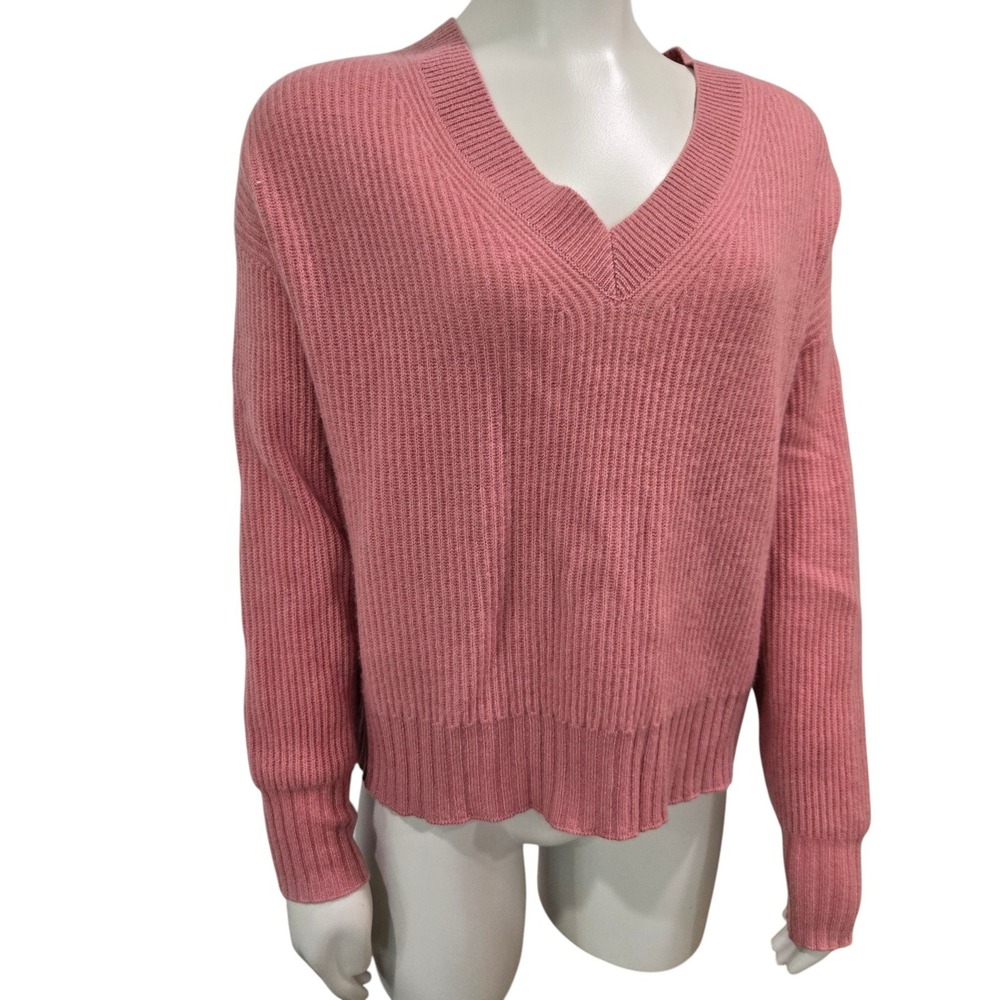 Saks Fifth Avenue Cashmere Sweater Womens Small Pink Ribbed V-Neck Drop Shoulder